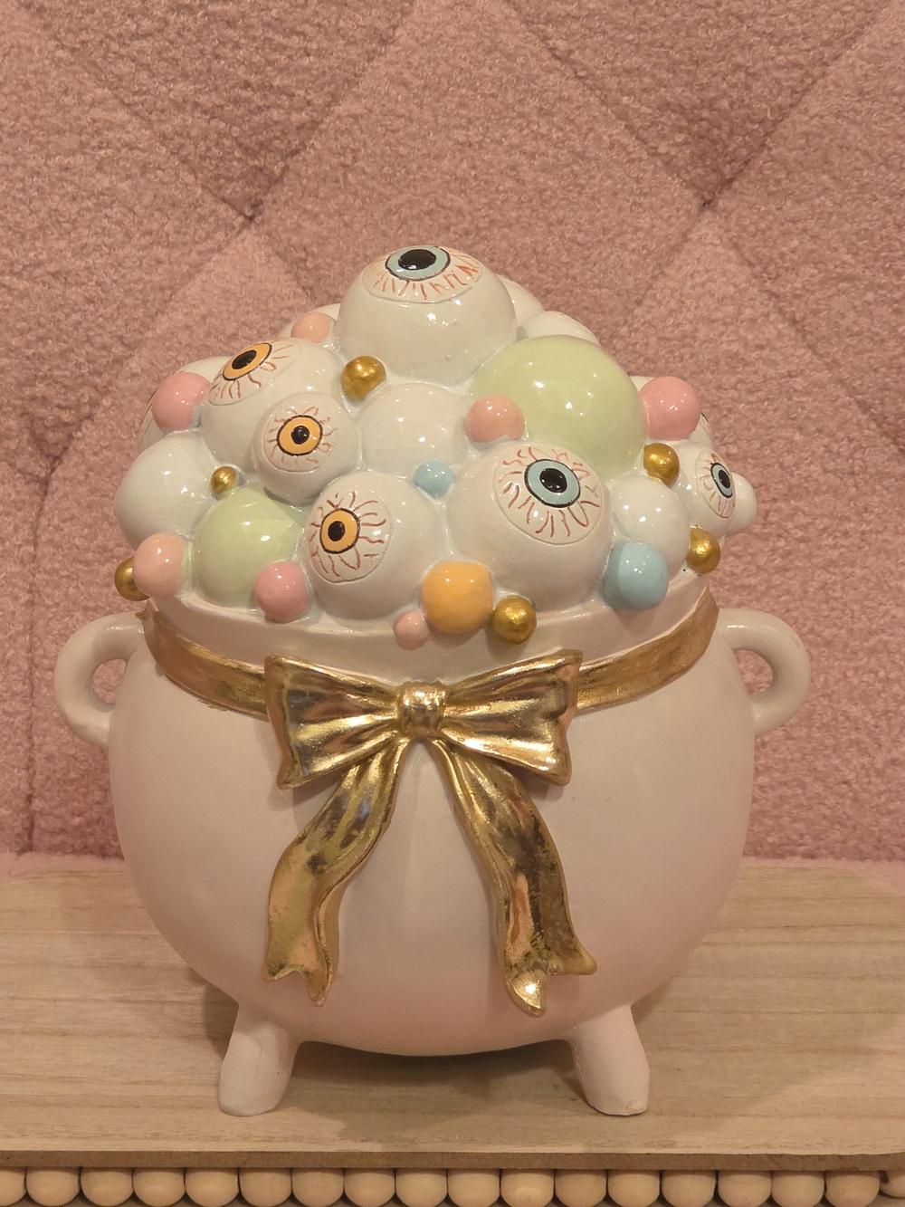 Pink Halloween Cauldron with Pastel Eyeball Accents
